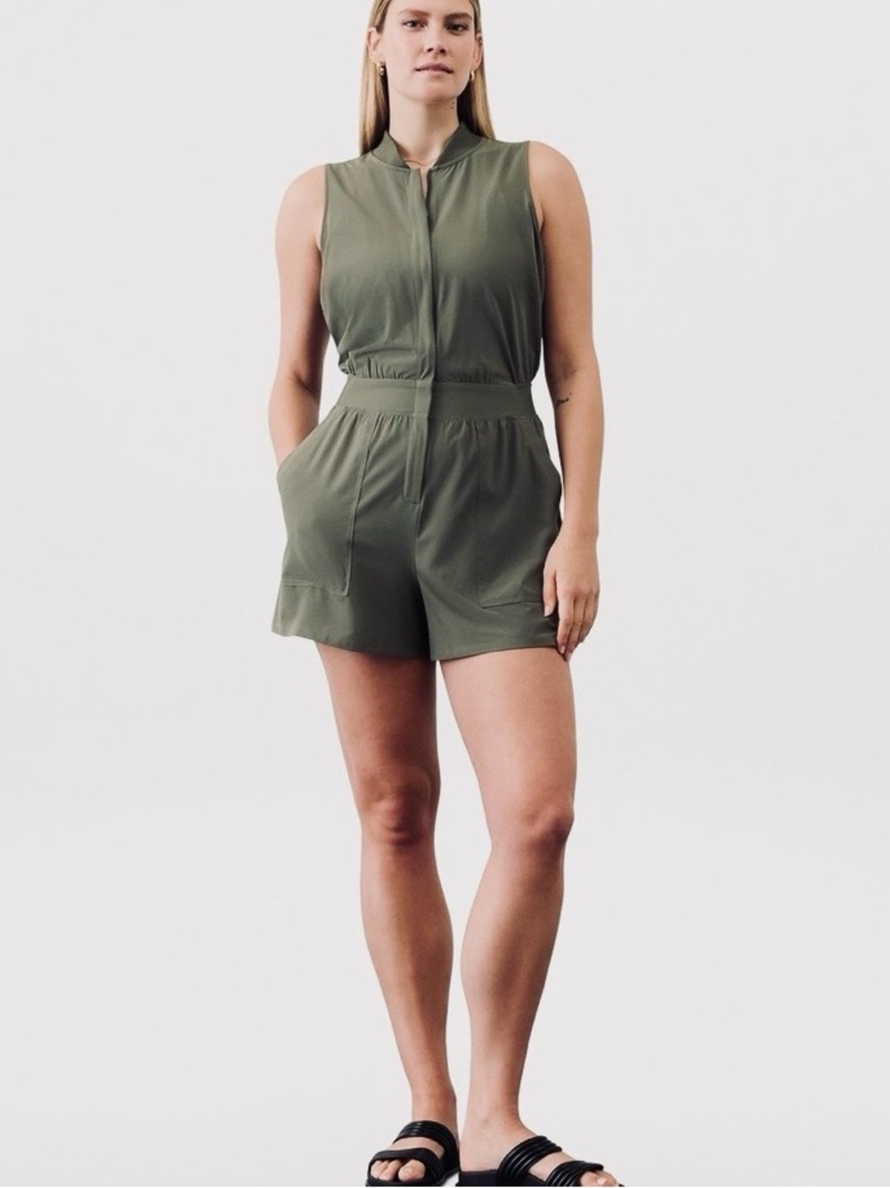 Athleta Brooklyn Olive Green Sleeveless Zip-Front Romper